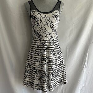 Parker Black and White Splatter Mesh-Trim Fit-and-Flare Dress
